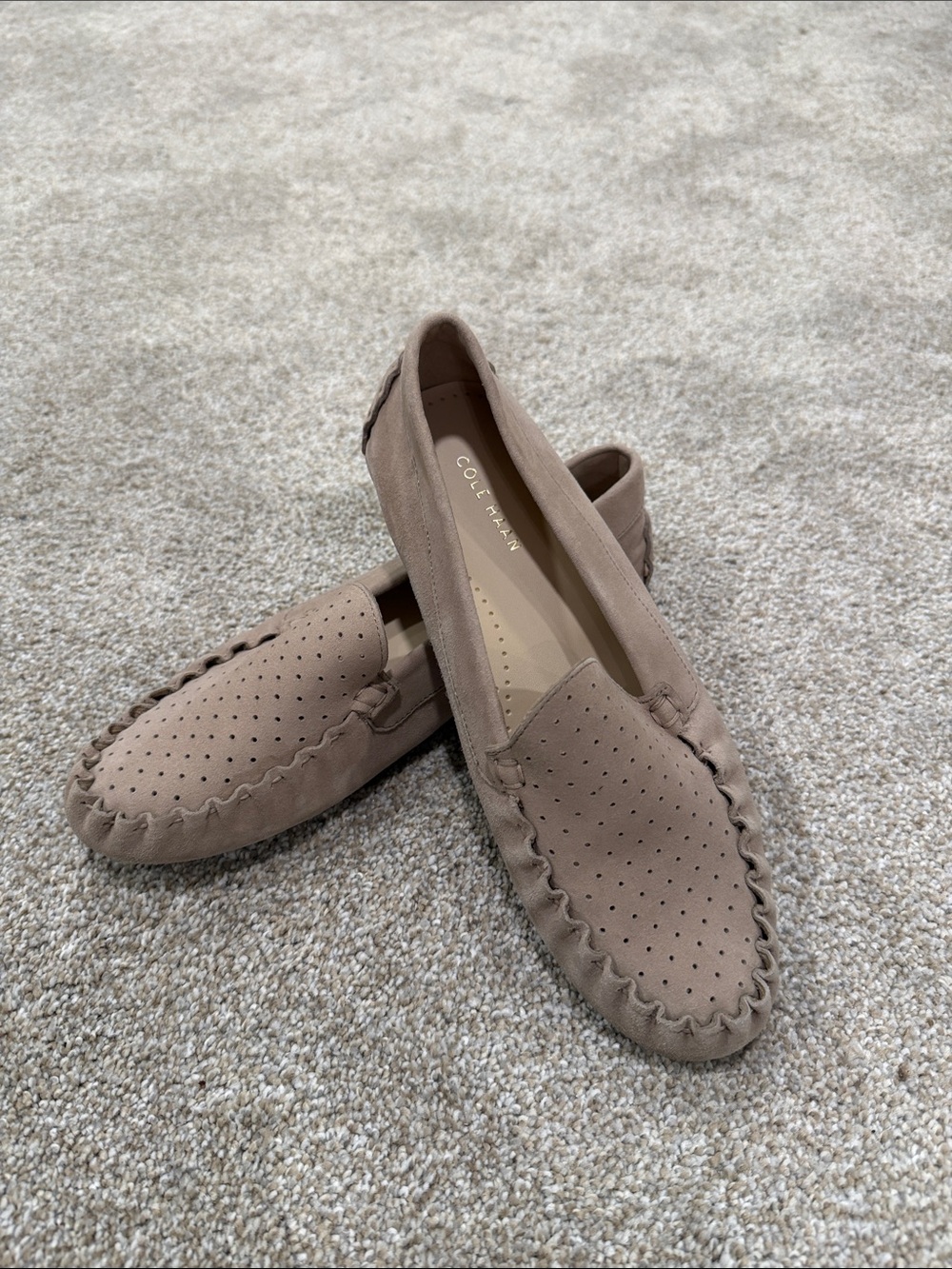 Cole Haan Taupe Suede Perforated Moccasins